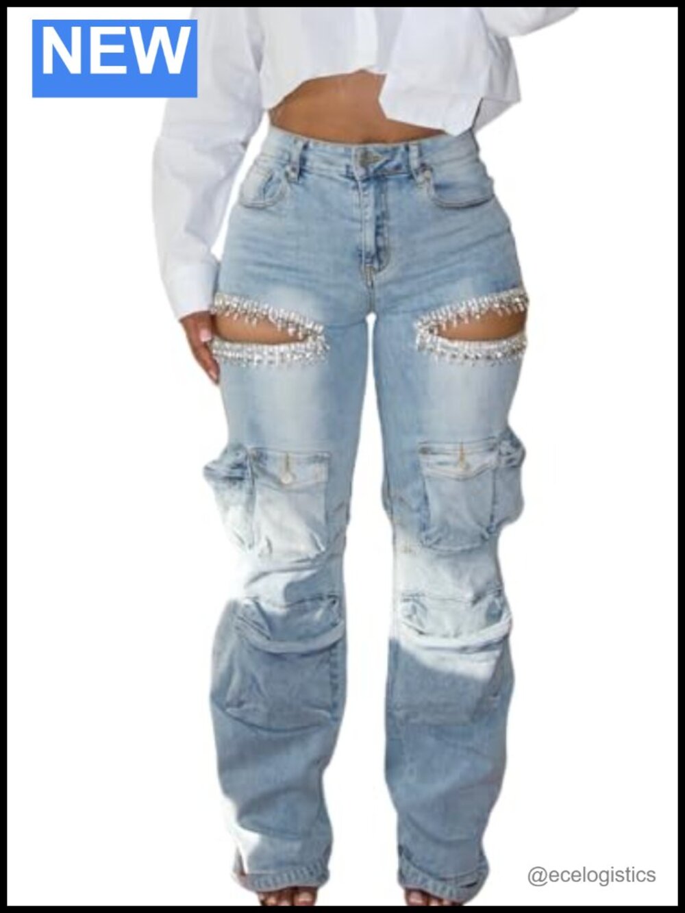 High Waist Rhinestone Cargo Jeans Sexy Cut Out Denim Pants